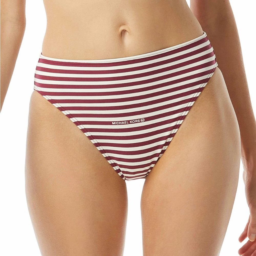 MICHAEL Michael Kors Striped High-Waist Bikini Bottoms